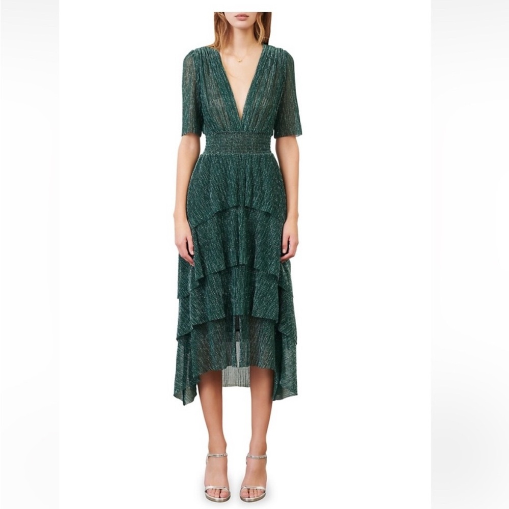 MAJE Ruffled lamé midi dress size 42 green